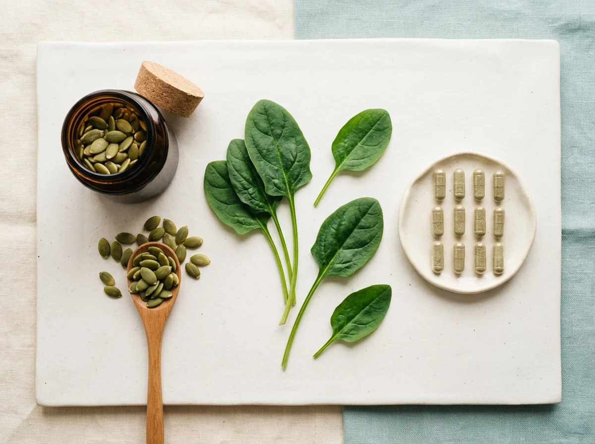Naturliga ingredienser - zink magnesium nervsystem kosttillskott; pumpafrön och gröna örter